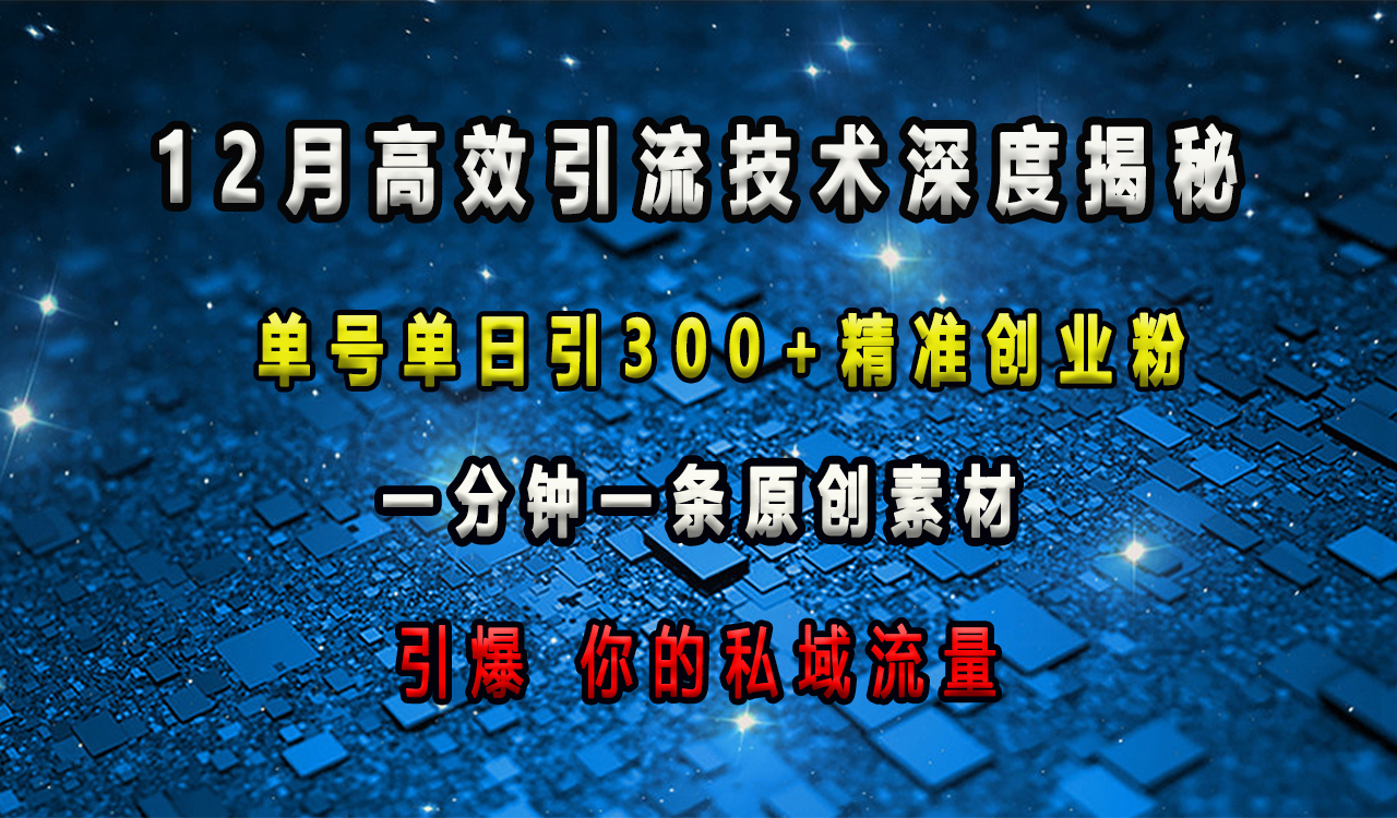12月高效引流技术深度揭秘 ，单号单日引300+精准创业粉，一分钟一条原创素材，引爆你的私域流量娅氪网创资源-网创项目资源站-副业项目-创业项目-搞钱项目娅氪网创资源