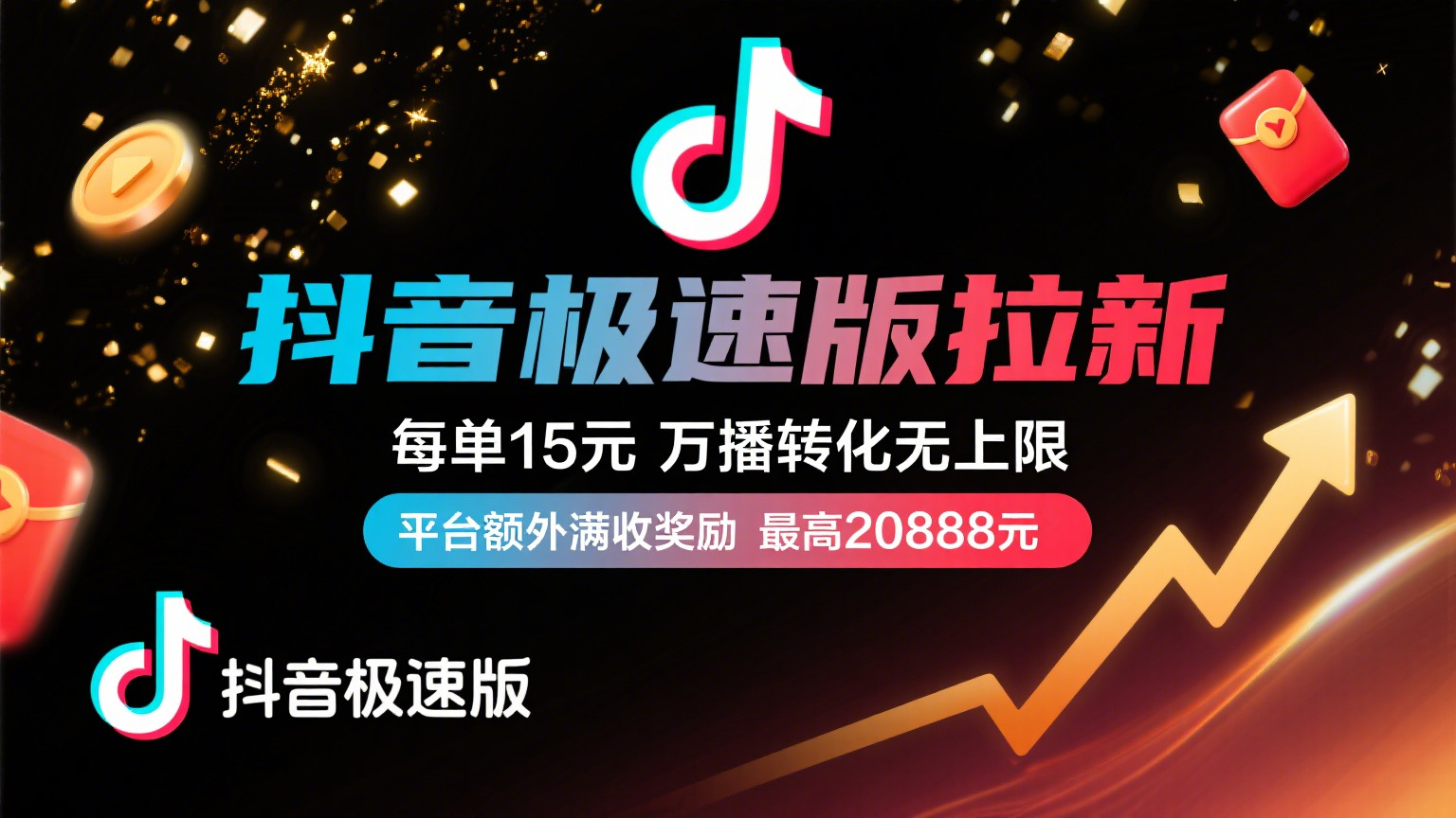 抖音极速版放福利，每单15元，万播转化无上限，平台额外满收奖励，最高可领20888元娅氪网创资源-网创项目资源站-副业项目-创业项目-搞钱项目娅氪网创资源
