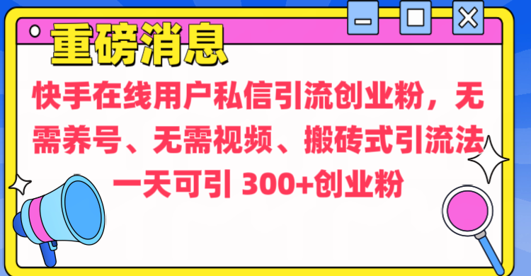 通过给快手在线用户私信引流创业粉,无需养号、无需视频、搬砖式引流法,一天可引300+创业粉娅氪网创资源-网创项目资源站-副业项目-创业项目-搞钱项目娅氪网创资源